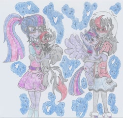 Size: 1816x1742 | Tagged: safe, artist:nephilim rider, sci-twi, twilight sparkle, twilight sparkle (alicorn), oc, oc:heaven lost, alicorn, pony, equestria girls, canon x oc, hug, human ponidox, self ponidox, traditional art, twolight