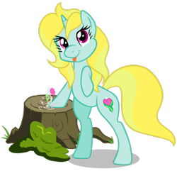 Size: 732x707 | Tagged: safe, artist:dosey--doe, oc, oc only, oc:wish song, pony, unicorn, :p, female, mare, tongue out, tree stump