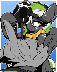 Size: 1058x1322 | Tagged: safe, artist:bbsartboutique, oc, oc only, oc:graphite sketch, pegasus, pony, bandana, face paint, gas mask, mask, middle feather, middle finger, unshorn fetlocks, vulgar, wing hands