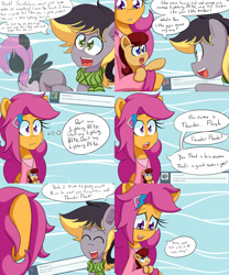 Size: 2000x2400 | Tagged: safe, artist:jake heritagu, scootaloo, oc, oc:aero, oc:lightning blitz, pegasus, pony, comic:ask motherly scootaloo, ask, baby, baby pony, clothes, colt, comic, dialogue, hairpin, male, motherly scootaloo, offspring, parent:derpy hooves, parent:oc:warden, parent:rain catcher, parent:scootaloo, parents:canon x oc, parents:catcherloo, parents:warderp, scarf, speech bubble, sweatshirt