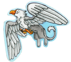 Size: 900x780 | Tagged: safe, artist:avacadinky, oc, oc only, oc:der, griffon, badge, flying, leg band, solo