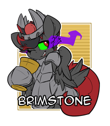 Size: 2100x2400 | Tagged: safe, artist:bbsartboutique, oc, oc only, oc:brimstone, pegasus, pony, armor, badge, con badge, glowing eyes, goblet