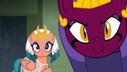 Size: 1280x720 | Tagged: safe, screencap, somnambula, sphinx (character), pegasus, pony, sphinx, daring done?, :c, >:), c:, c:<, cute, evil grin, female, fourth wall, frown, grin, happy, looking at you, mare, smiling, sphinxdorable