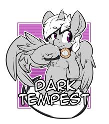 Size: 2100x2400 | Tagged: safe, artist:bbsartboutique, oc, oc only, oc:dark tempest, alicorn, pony, badge, con badge, goggles