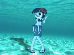 Size: 3072x2304 | Tagged: safe, artist:sb1991, part of a series, part of a set, twilight sparkle, equestria girls, beach, belly button, bikini, clothes, embarrassed, sarong, story included, swimsuit, underwater, underwater eqg series, waving