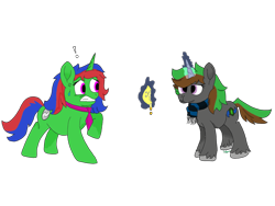 Size: 1280x960 | Tagged: safe, artist:emerald_glow, oc, oc only, oc:emerald glow, oc:mirror shine, unicorn, digital, eating, female, food, glowing horn, lemon, mare, necktie, png, scared, shocked, simple background