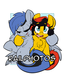 Size: 2100x2400 | Tagged: safe, artist:bbsartboutique, oc, oc only, oc:acela, oc:southern belle, earth pony, pegasus, pony, armpits, badge, biologically justified underarm fluff, bob cut, camera shot, con badge, side hug, simple background, transparent background