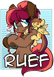 Size: 1484x2128 | Tagged: safe, artist:bbsartboutique, oc, oc only, oc:lessi, oc:ruef, earth pony, pony, badge, drink, plushie, straw