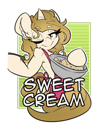 Size: 2100x2400 | Tagged: safe, artist:bbsartboutique, oc, oc only, oc:sweet cream, pony, unicorn, apron, badge, clothes, con badge, spoon