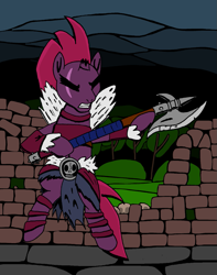 Size: 1009x1280 | Tagged: safe, artist:hakar-kerarmor, derpibooru exclusive, tempest shadow, my little pony: the movie, broken horn, clothes, darkest dungeon, eye scar, halberd, hellion, hidden eyes, scar, solo, weapon