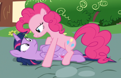 Size: 962x621 | Tagged: safe, screencap, pinkie pie, twilight sparkle, twilight sparkle (alicorn), alicorn, earth pony, pony, fame and misfortune, duo, duo female, female, mare, on back, out of context