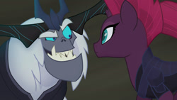 Size: 1777x1000 | Tagged: safe, screencap, storm king, tempest shadow, pony, my little pony: the movie, broken horn, duo, fangs, female, looking at each other, male, mare, raised eyebrow, sharp teeth, smiling, teeth