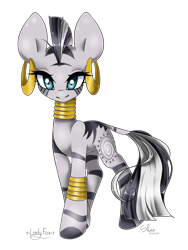 Size: 1060x1412 | Tagged: safe, artist:akiraniji, artist:elainevulpes, zecora, zebra, ear piercing, earring, female, jewelry, looking at you, mare, piercing, simple background, transparent background