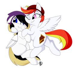 Size: 1800x1700 | Tagged: safe, artist:notenoughapples, oc, oc only, oc:rory gigabyte, oc:sunny flare, pegasus, pony, beanie, cuddling, ear piercing, earring, female, hat, jewelry, mare, one eye closed, piercing, simple background, transparent background