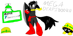 Size: 1366x685 | Tagged: safe, artist:prince areo, oc, oc only, anthro, anniversary, anthro oc, happy birthday mlp:fim, megaman, metool, mlp fim's seventh anniversary, proto man, protoman suit, sign, simple background, white background