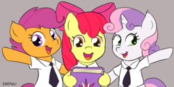 Size: 1000x500 | Tagged: safe, artist:empyu, apple bloom, scootaloo, sweetie belle, earth pony, pegasus, pony, unicorn, book, clothes, cutie mark crusaders, gray background, hoof hold, looking at you, mormons, necktie, shirt, simple background, smiling, the book of mormon, trio