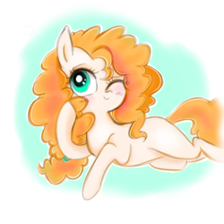 Size: 869x870 | Tagged: safe, artist:pinkablue, derpibooru exclusive, pear butter, earth pony, pony, female, mare, missing cutie mark, one eye closed, simple background, smiling, solo, wink