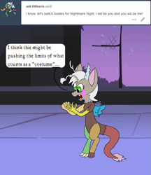 Size: 631x731 | Tagged: safe, artist:darkfiretaimatsu, discord, eris, ask, halloween, halloween costume, holiday, little eris, rule 63, transformation, tumblr, tumblr comic