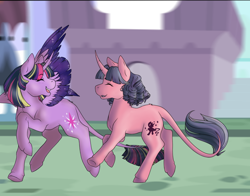 Size: 1024x801 | Tagged: safe, artist:uniquecolorchaos, twilight sparkle, twilight sparkle (alicorn), oc, oc:summer sonata, alicorn, pony, unicorn, female, magical lesbian spawn, mare, mother and child, mother and daughter, multicolored hair, offspring, parent and child, parent:sunset shimmer, parent:twilight sparkle, parents:sunsetsparkle, running