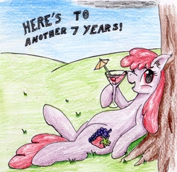 Size: 2280x2207 | Tagged: safe, artist:40kponyguy, derpibooru exclusive, berry punch, berryshine, earth pony, pony, cocktail glass, cocktail umbrella, happy birthday mlp:fim, hoof hold, looking at you, mlp fim's seventh anniversary, on back, solo, traditional art
