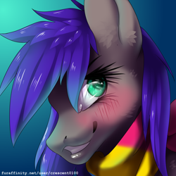 Size: 2000x2000 | Tagged: safe, artist:crescent0100, oc, oc only, oc:coaldust, earth pony, pony, blushing, bust, clothes, pansexual pride flag, scarf, solo