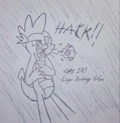 Size: 1393x1430 | Tagged: safe, artist:derpanater, spike, dragon, 30 minute art challenge, coughing, crumpled, drool, onomatopoeia, parchment, solo, traditional art, wet paper