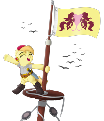 Size: 3543x4133 | Tagged: safe, artist:lumorn, noi, pony, bipedal, crow's nest, cute, flag, outfit, pirate, ponyville flag, solo, sword, weapon