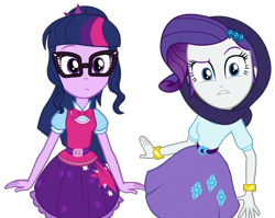 Size: 2048x1631 | Tagged: safe, artist:thebar, rarity, sci-twi, twilight sparkle, dance magic, equestria girls, spoiler:eqg specials, belt, bowtie, bracelet, clothes, cute, duo, female, gem, glasses, jewelry, looking at you, ponytail, shawl, shirt, simple background, skirt, transparent background