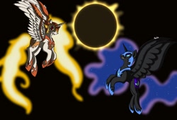 Size: 1250x850 | Tagged: safe, artist:hauntydraws, daybreaker, nightmare moon, alicorn, pony, black background, eclipse, fight, simple background, solar eclipse, solo