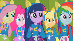 Size: 1920x1080 | Tagged: safe, screencap, applejack, fluttershy, pinkie pie, rarity, twilight sparkle, equestria girls, equestria girls (movie), wondercolts, wondercolts uniform