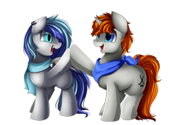 Size: 3509x2550 | Tagged: safe, artist:pridark, oc, oc only, oc:disterious, bat pony, pony, unicorn, bandana, bat pony oc, blue eyes, clothes, cute, cutie mark, ear piercing, earring, female, hoofbump, jewelry, male, mare, orange mane, piercing, scarf, simple background, smiling, stallion, transparent background