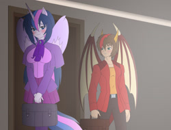 Size: 3139x2388 | Tagged: safe, artist:pyrus-leonidas, twilight sparkle, oc, human, blushing, clothes, cute, dragon wings, eared humanization, horned humanization, humanized, pants, purse, tailed humanization, winged humanization