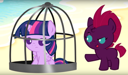 Size: 2656x1564 | Tagged: safe, artist:magpie-pony, tempest shadow, twilight sparkle, twilight sparkle (alicorn), alicorn, pony, my little pony: the movie, baby, baby pony, babylight sparkle, beach, broken horn, cage, cute, scene interpretation, tempestbetes, trapped, twiabetes, younger, youtube link