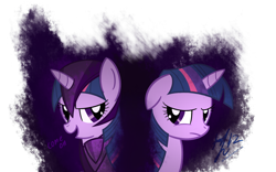 Size: 2000x1250 | Tagged: safe, artist:ppdraw, twilight sparkle, armor, darkness within, duality, evil twilight, inner demons, solo