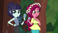 Size: 1280x718 | Tagged: safe, artist:jhayarr23, artist:themexicanpunisher, edit, edited screencap, screencap, coloratura, gloriosa daisy, equestria girls, legend of everfree, clothes, dress, looking at you, microphone, rara, smiling