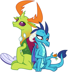 Size: 3000x3150 | Tagged: safe, artist:cheezedoodle96, princess ember, thorax, changedling, changeling, dragon, triple threat, .svg available, back to back, embrax, female, flower, friendshipping, interspecies, king thorax, male, scene interpretation, shipping, show accurate, simple background, sitting, straight, svg, transparent background, vector