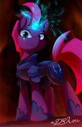 Size: 720x1112 | Tagged: safe, artist:dshou, tempest shadow, pony, unicorn, my little pony: the movie, armor, broken horn, eye scar, female, glowing horn, horn, looking at you, looking down, mare, scar, smiling, solo, sparking horn