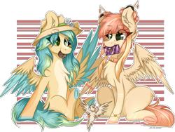 Size: 1407x1059 | Tagged: safe, artist:woonborg, oc, oc only, oc:lyshuu, oc:tropical, bird, pegasus, pony, abstract background, cheek fluff, chest fluff, cookie, cute, ear fluff, female, flower, fluffy, food, happy, hat, mare, mouth hold, ocbetes, signature, sitting, smiling, spread wings, wings