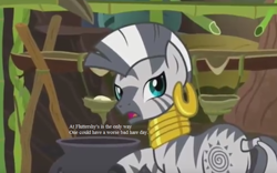 Size: 1000x625 | Tagged: safe, edit, edited screencap, screencap, zecora, zebra, it isn't the mane thing about you, cauldron, cropped, implied angel bunny, looking back, pun, text, zecora's hut