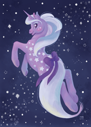 Size: 600x840 | Tagged: safe, artist:plastichorseyhoarder, milky way (g1), unicorn, g1, bow, long tail, looking at you, smiling, space, stars, tail bow, twice as fancy ponies