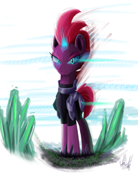 Size: 1278x1600 | Tagged: safe, artist:fuzon-s, tempest shadow, pony, unicorn, my little pony: the movie, armor, broken horn, eye scar, female, glowing horn, looking at you, mare, scar, solo, standing