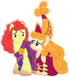 Size: 1001x1121 | Tagged: safe, artist:cloudyglow, bright mac, pear butter, earth pony, pony, the perfect pear, brightbutter, clothes, clothes swap, cosplay, costume, crossover, disney, female, hera, hercules, husband and wife, looking at each other, male, shipping, simple background, smiling, straight, transparent background, vector, zeus