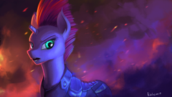 Size: 3555x2000 | Tagged: safe, artist:rublegun, tempest shadow, pony, unicorn, my little pony: the movie, armor, broken horn, eye scar, female, mare, open mouth, scar, signature, solo