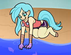 Size: 1947x1525 | Tagged: safe, artist:/d/non, oc, oc only, oc:rusalka, fish, satyr, my little pony: the movie, beach, claws, clothes, female, hooves, offspring, parent:princess skystar, shells, shorts, solo, water