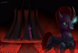 Size: 4000x2700 | Tagged: safe, artist:skitsroom, tempest shadow, twilight sparkle, twilight sparkle (alicorn), alicorn, pony, my little pony: the movie, armor, broken horn, cage, crying, electricity, open up your eyes, scene interpretation