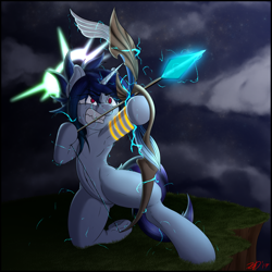 Size: 4000x4000 | Tagged: safe, artist:ze-dusty, oc, oc only, oc:stardust halcyon, semi-anthro, unicorn, angry, archer, archery, armpits, arrow, badass, belly button, bow, bow (weapon), bow and arrow, cliff, electricity, epic, featureless crotch, female, halo, hoof hold, looking up, night, slit eyes, snaggletooth, solo, weapon