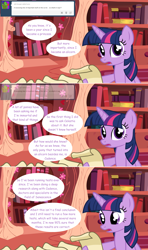 Size: 1280x2168 | Tagged: safe, artist:hakunohamikage, twilight sparkle, twilight sparkle (alicorn), alicorn, pony, ask, ask-princesssparkle, comic, female, golden oaks library, mare, scroll, solo, tumblr