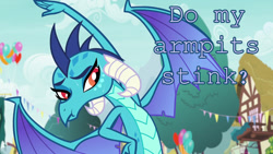 Size: 1280x720 | Tagged: safe, artist:viralpony, edit, edited screencap, screencap, princess ember, dragon, triple threat, armpits, image macro, meme, stretching