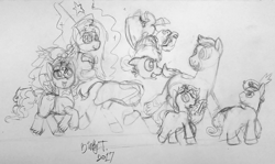 Size: 1995x1191 | Tagged: safe, artist:binkyt11, derpibooru exclusive, earth pony, pegasus, pony, unicorn, ales mansay, barbara (rayman), crossover, crown, female, globox, grand minimus, jewelry, levitation, limbless, magic, male, mare, monochrome, murfy, newbie artist training grounds, ponified, rayman, regalia, stallion, telekinesis, the magician, traditional art, ubisoft, unshorn fetlocks