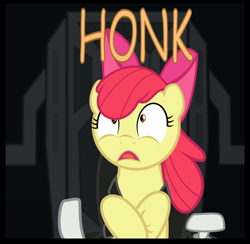 Size: 768x749 | Tagged: safe, artist:eagle1division, apple bloom, earth pony, pony, comic:applebloom's big haul, animal noises, apple bloom's bow, bow, cockpit, crossed hooves, crossover, descriptive noise, elite dangerous, female, filly, g-force, great moments in vectoring, hair bow, honk, open mouth, seatbelt, shrunken pupils, solo, spaceship, wide eyes